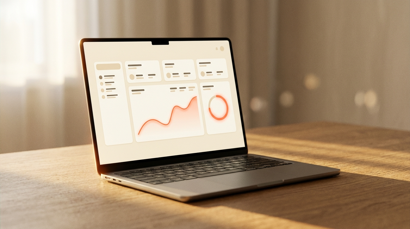 A laptop on a warm oak desk showing the client portal dashboard — project stages, a coral line chart and a coral progress ring.